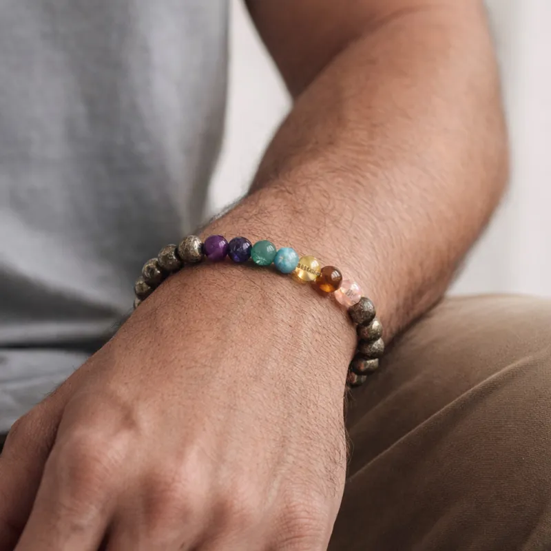 Money Magnet Pyrite 7 Chakra Natural Stone Bracelet